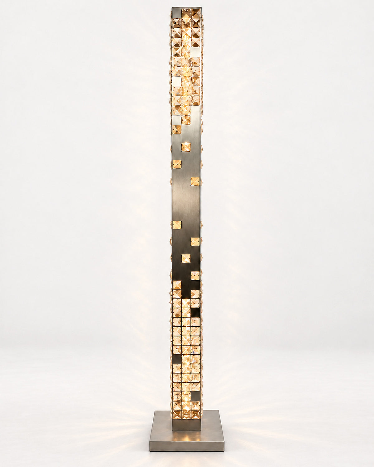 Cascade Crystal Tower Floor Lamp in Brushed Platinum, illuminated front view