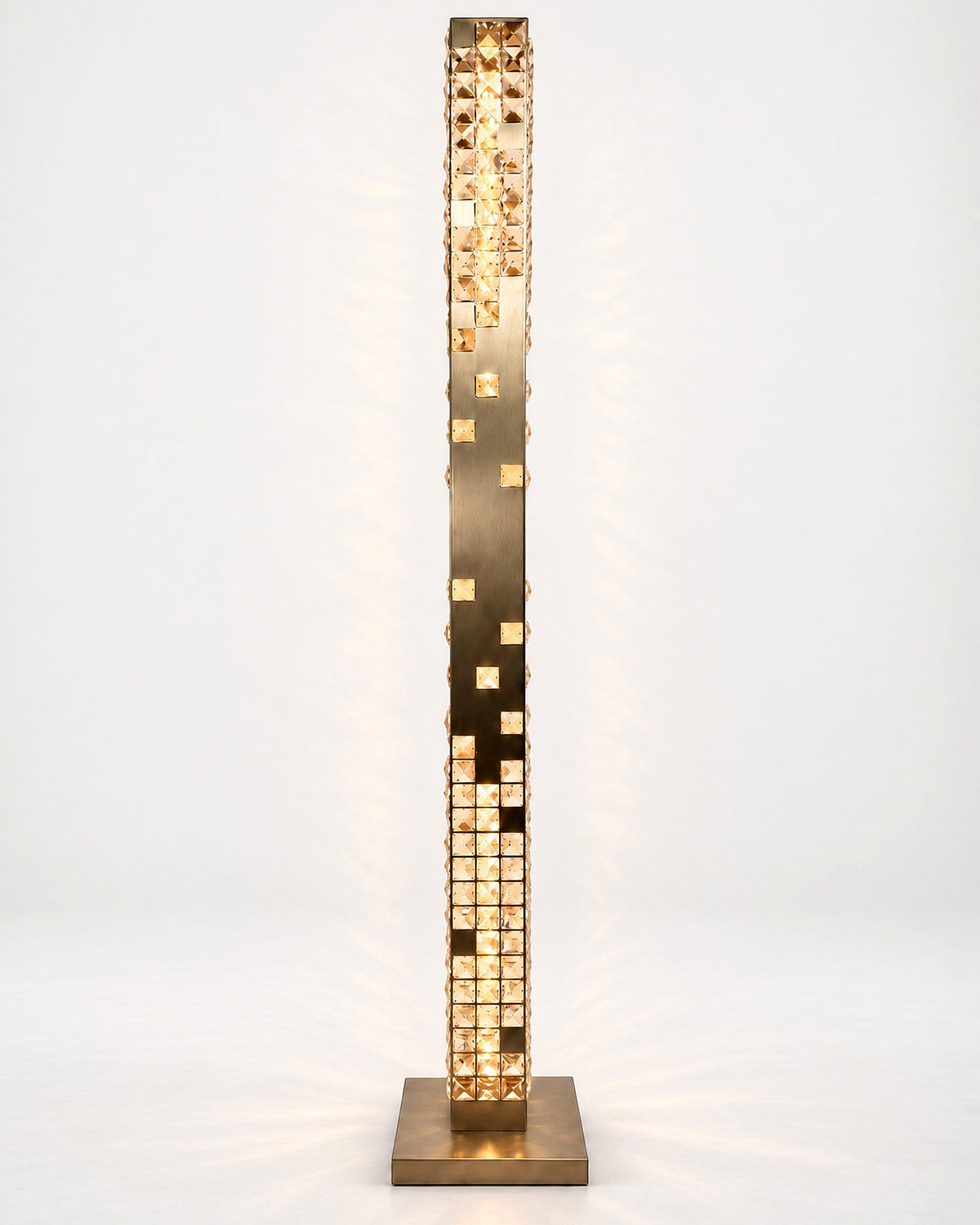 Cascade Crystal Tower Floor Lamp in Champagne Gold, illuminated front view