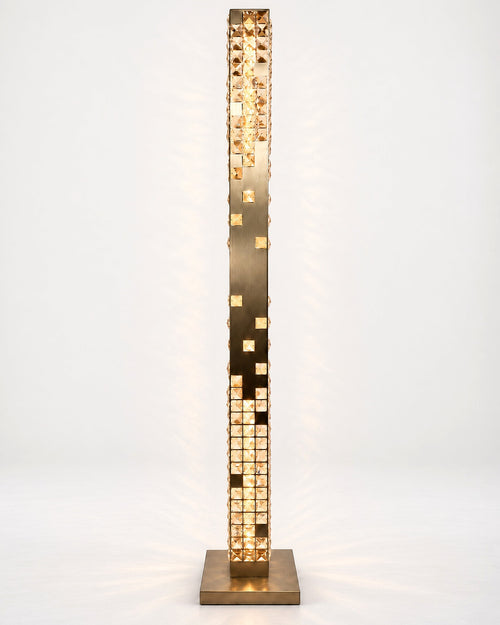 Cascade Crystal Tower Floor Lamp in Champagne Gold, illuminated front view