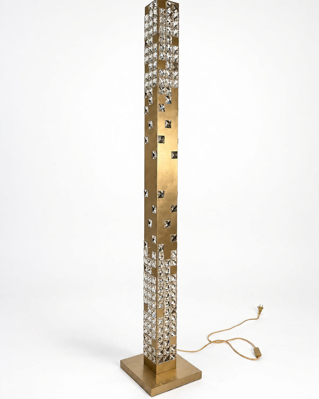 Cascade Crystal Tower Floor Lamp in Champagne Gold, unlit three-quarter view