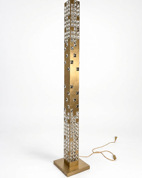 Cascade Crystal Tower Floor Lamp in Champagne Gold, unlit three-quarter view