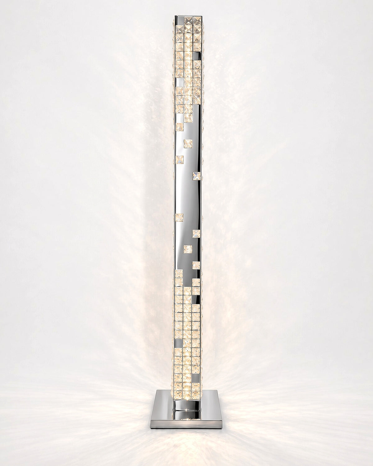 Cascade Crystal Tower Floor Lamp in Polished Nickel, illuminated front view